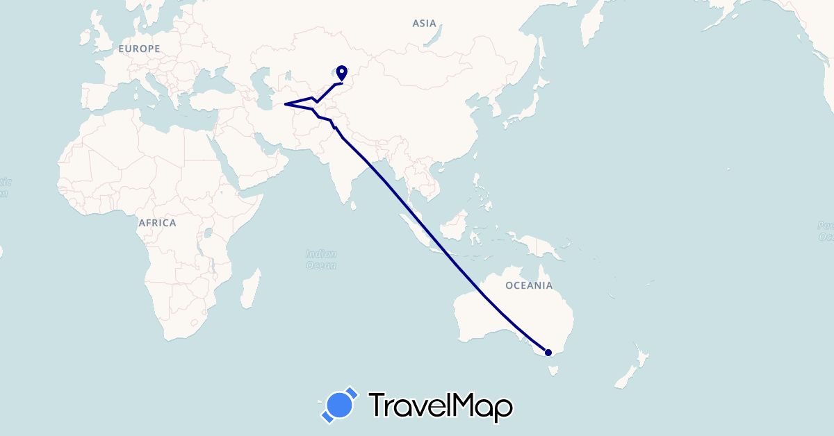 TravelMap itinerary: driving in Afghanistan, Australia, India, Kyrgyzstan, Kazakhstan, Pakistan, Tajikistan, Turkmenistan, Uzbekistan (Asia, Oceania)